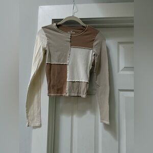 Hollister Patchwork Long Sleeve Tee - Brown and Cream